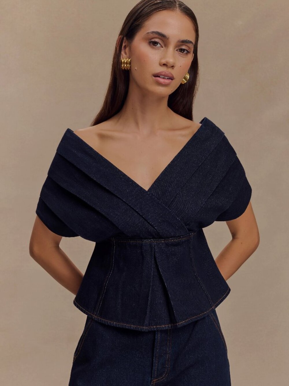 NWOT Meshki Rayne Off Shoulder Denim Top - Indigo Blue | Size M
